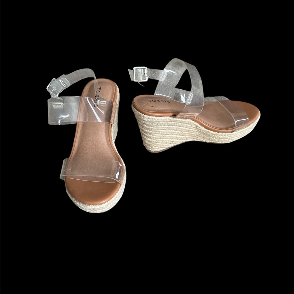 Torrid Clear Strap Tan Sandals Torrid wedge featuring a braided jute platform.